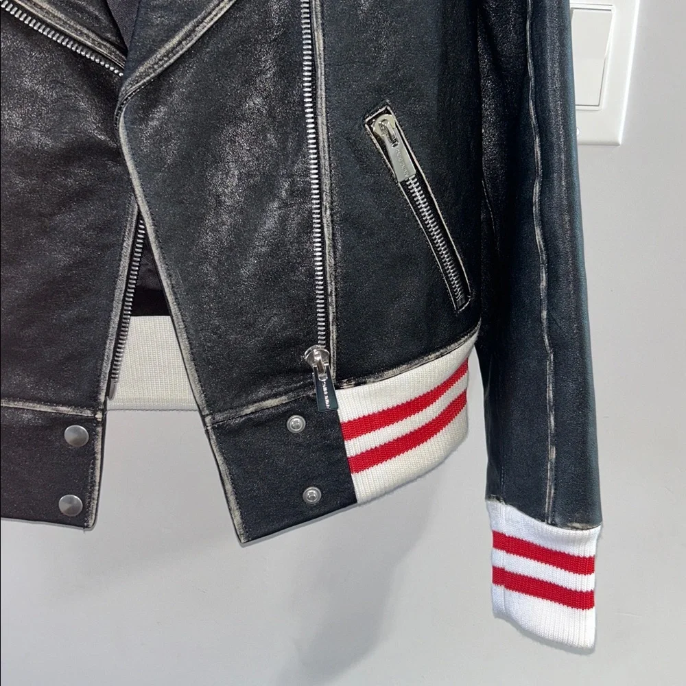 Anine Bing Quinlan Moto Biked Jacket with Varsity Cuffs and Hem - Picture 4 of 12